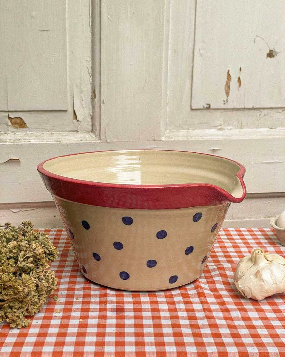 Handcrafted Spanish ceramic large mixing bowl with blue polka dots and red rim, displayed on orange gingham tablecloth with garlic