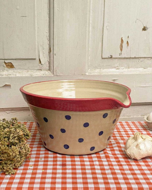 Handcrafted Spanish ceramic large mixing bowl with blue polka dots and red rim, displayed on orange gingham tablecloth with garlic