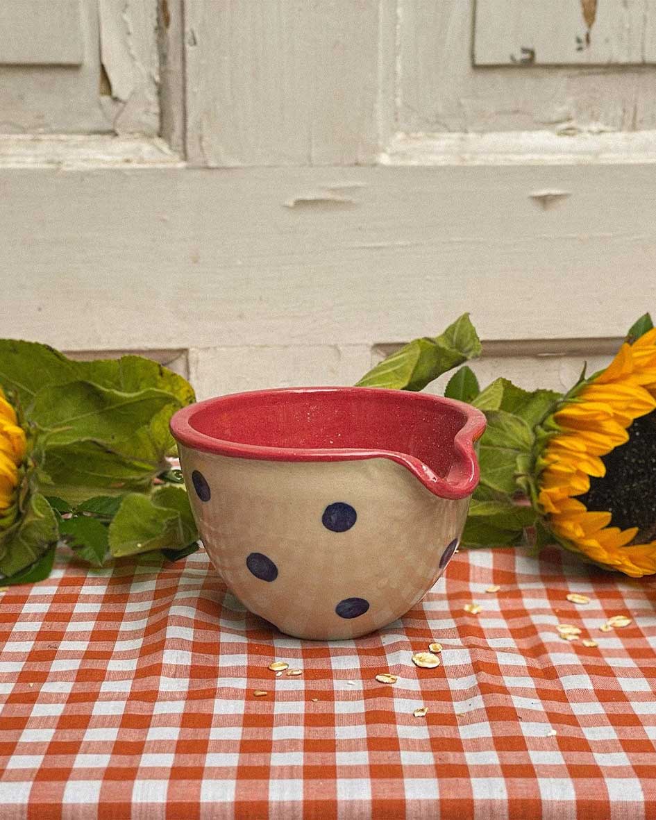 Handcrafted Spanish ceramic small bowl with blue polka dots and red rim, displayed with sunflower on orange gingham tablecloth